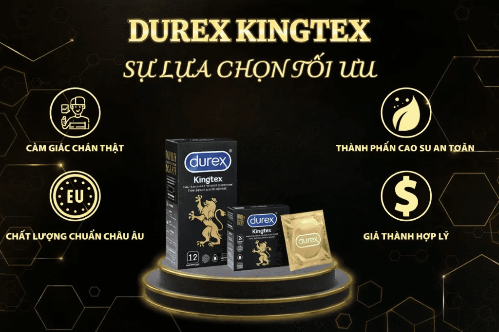 Bao cao su có gai và bao cao su trơn: Nên chọn loại nào phù hợp nhất? 7 Bao cao su trơn Durex Kingtex với thiết kế hộp đen vàng sang trọng, hiển thị các ưu điểm như cảm giác chân thật, chất lượng chuẩn châu Âu và thành phần an toàn.