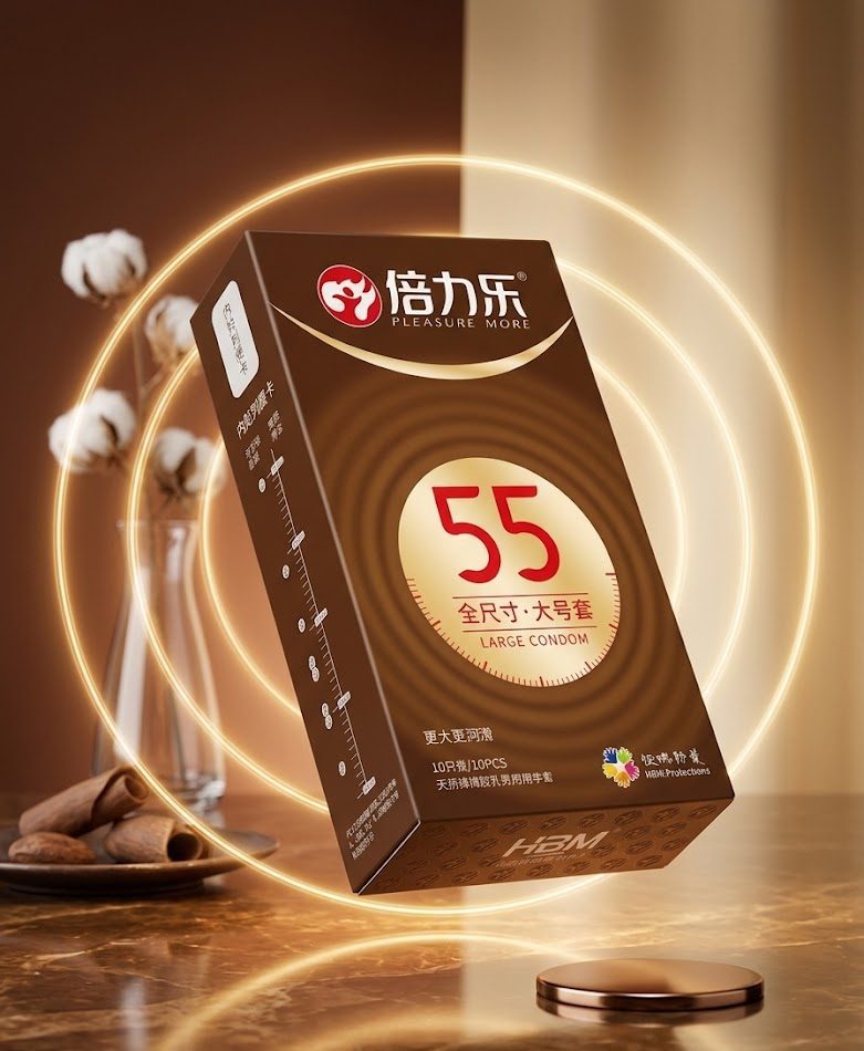 Bao cao su có gai và bao cao su trơn: Nên chọn loại nào phù hợp nhất? 9 Bao cao su trơn size lớn 55mm với thiết kế hộp màu nâu sang trọng, đặt trên nền ánh sáng ấm, nổi bật cảm giác cao cấp và tinh tế.